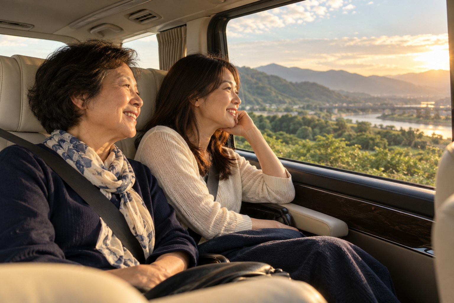 家人在車內欣賞窗外山景，一起享受旅程的情境