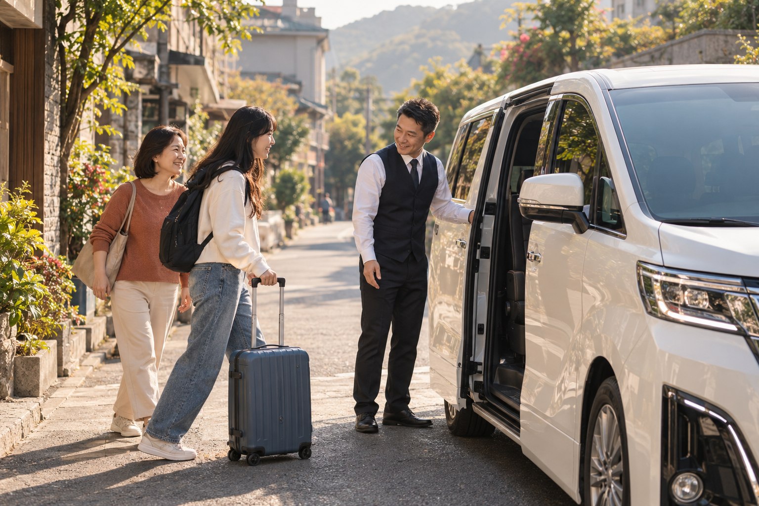 家人帶著行李，準備搭車出發的溫暖情境